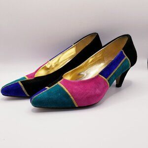 80s Vintage Ellemenno Suede Color Block Pump - Size 6